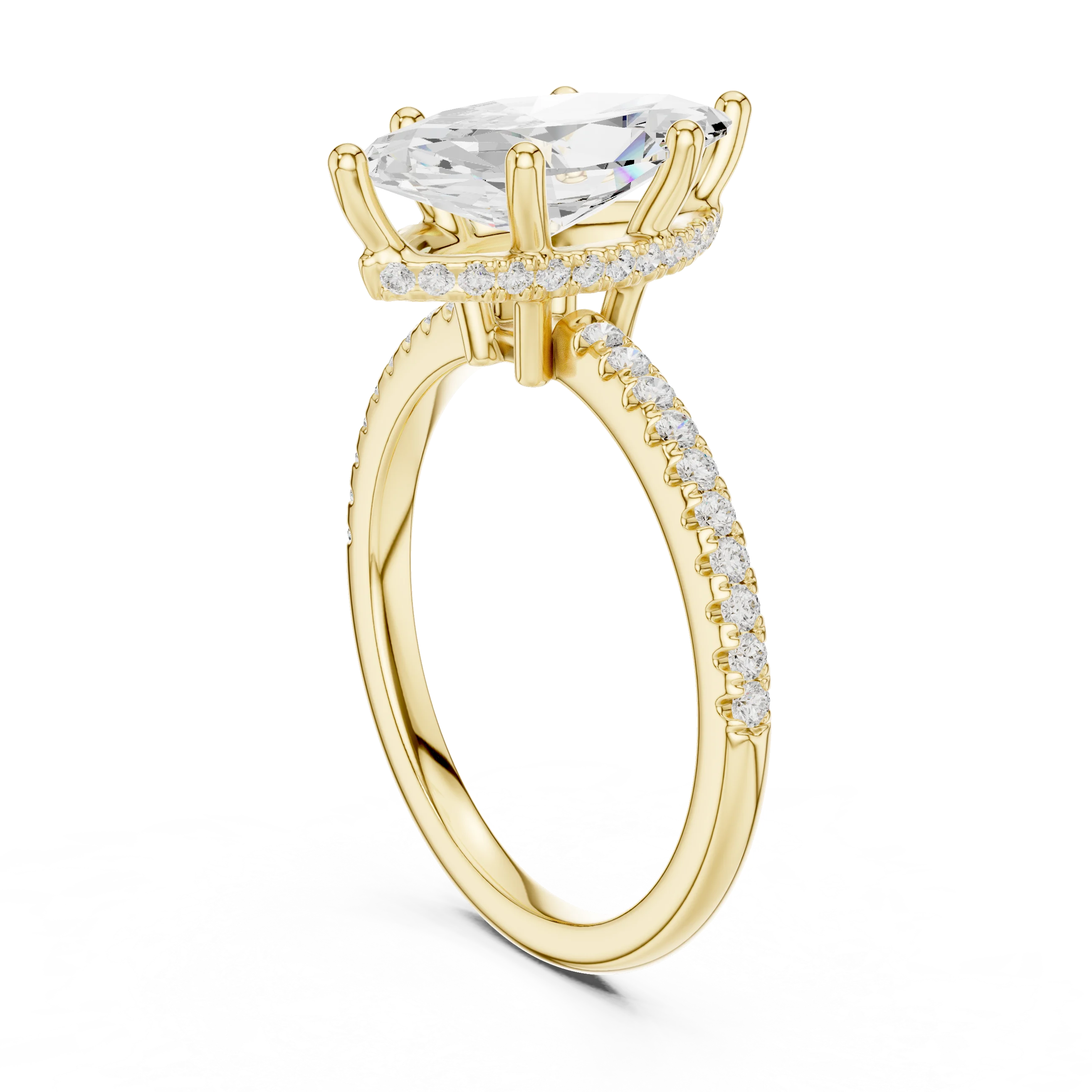 Hidden Halo Marquise Cut Diamond Engagement Ring With Pave Band