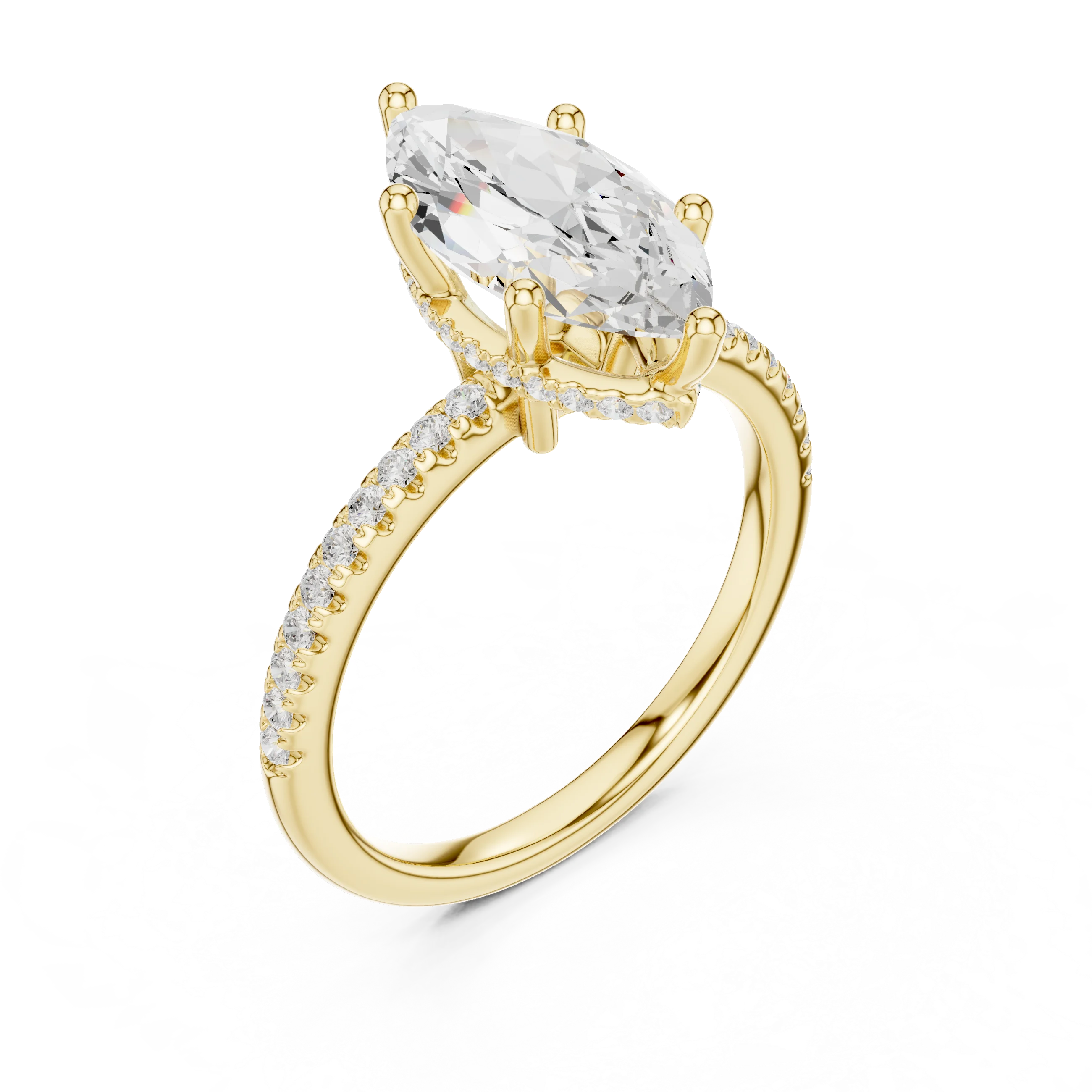 Hidden Halo Marquise Cut Diamond Engagement Ring With Pave Band