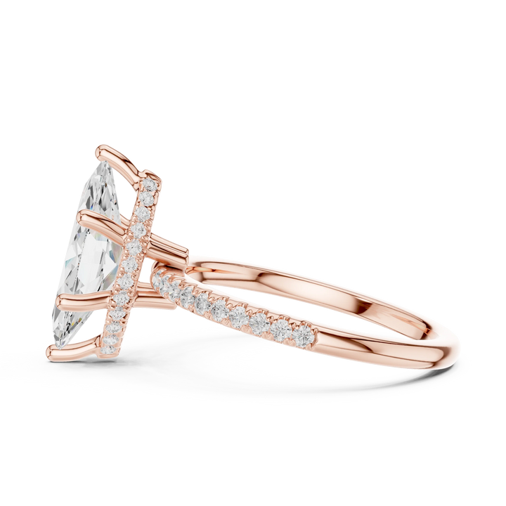 Hidden Halo Marquise Cut Diamond Engagement Ring With Pave Band