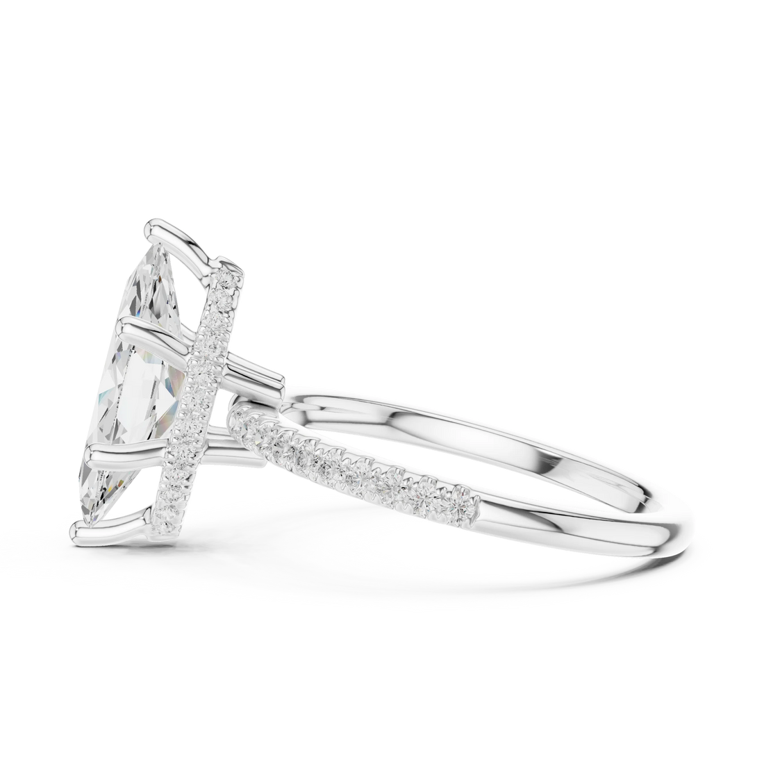 Hidden Halo Marquise Cut Diamond Engagement Ring With Pave Band