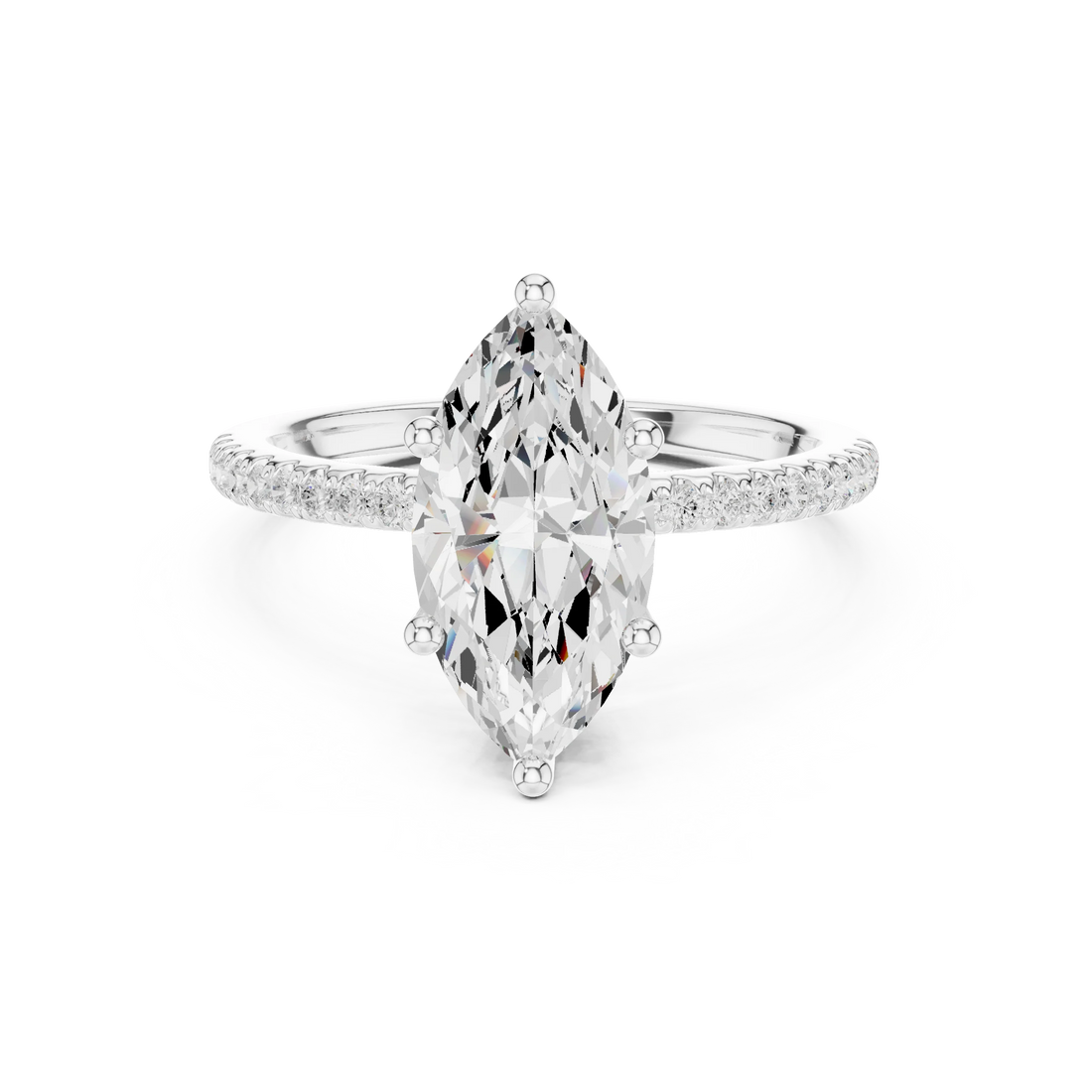 Hidden Halo Marquise Cut Diamond Engagement Ring With Pave Band