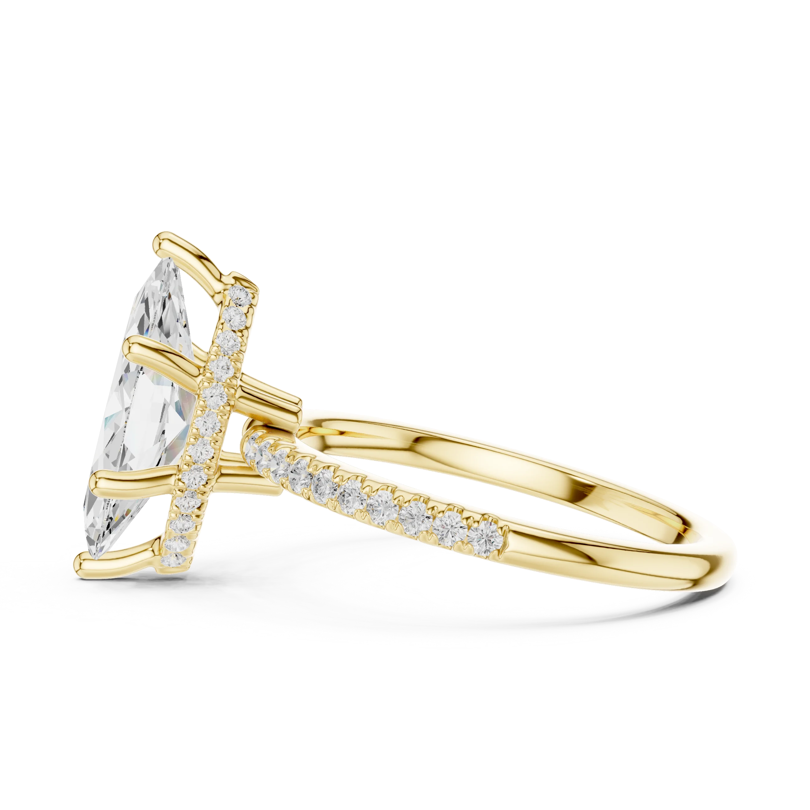 Hidden Halo Marquise Cut Diamond Engagement Ring With Pave Band