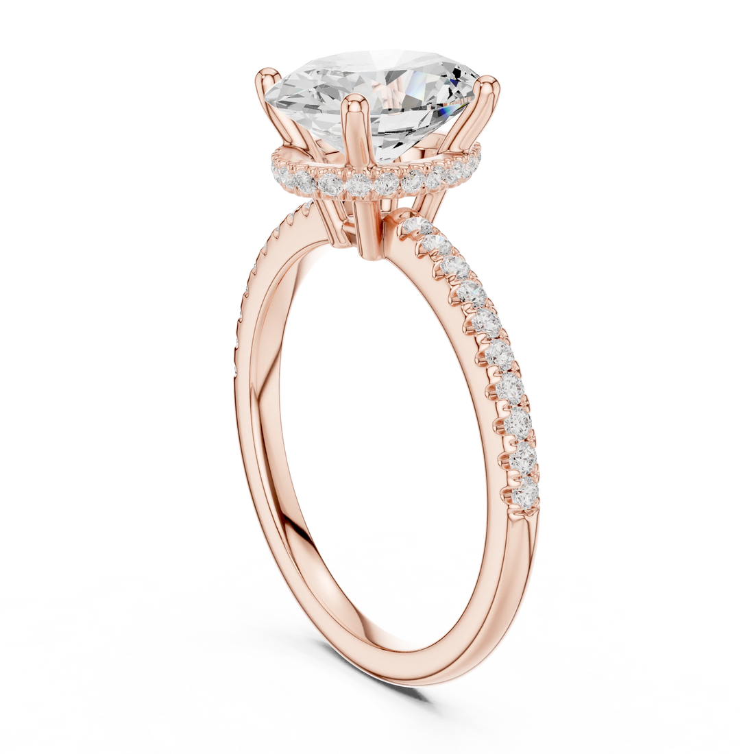 Hidden Halo Oval Cut Diamond Engagement Ring With Pave Band