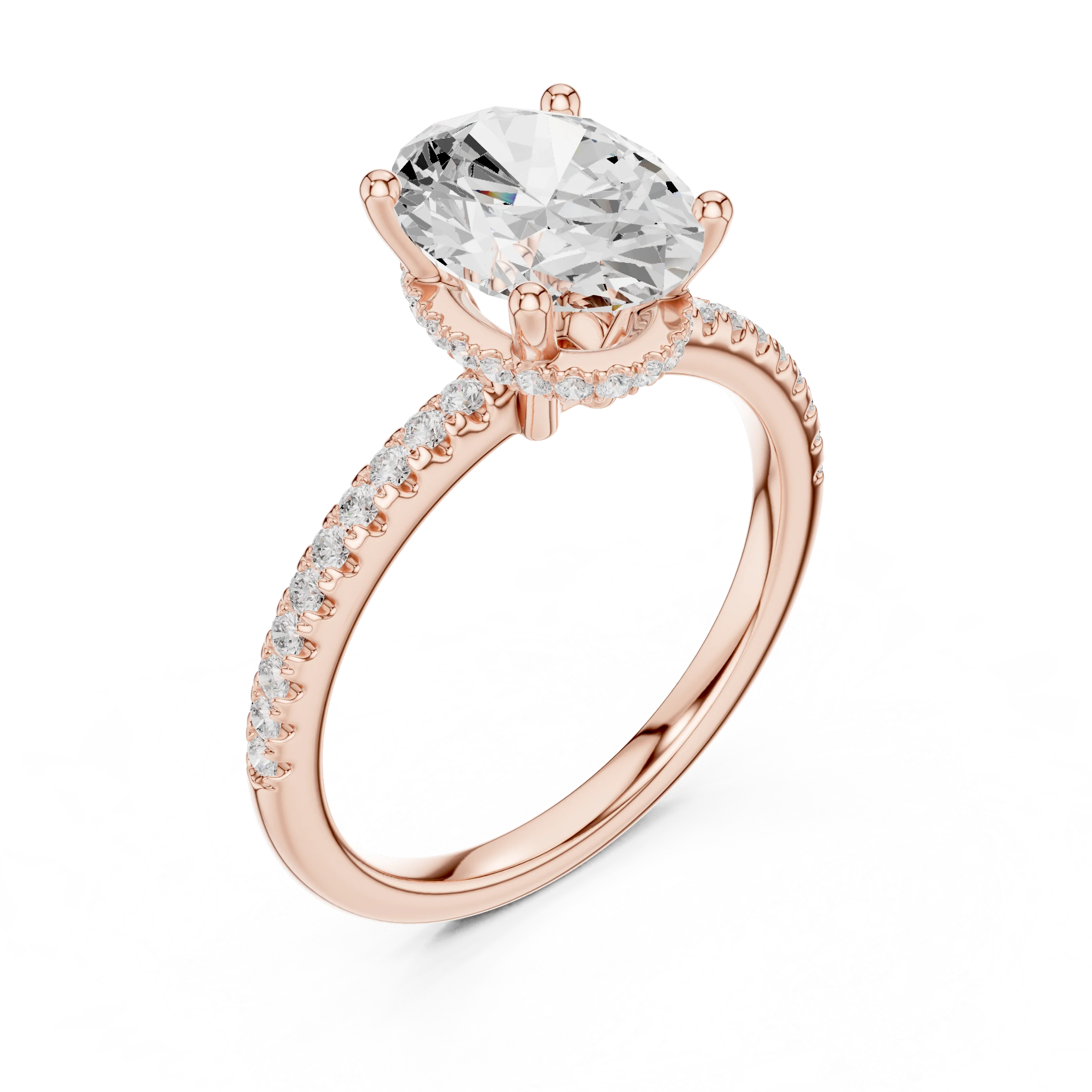 Hidden Halo Oval Cut Diamond Engagement Ring With Pave Band