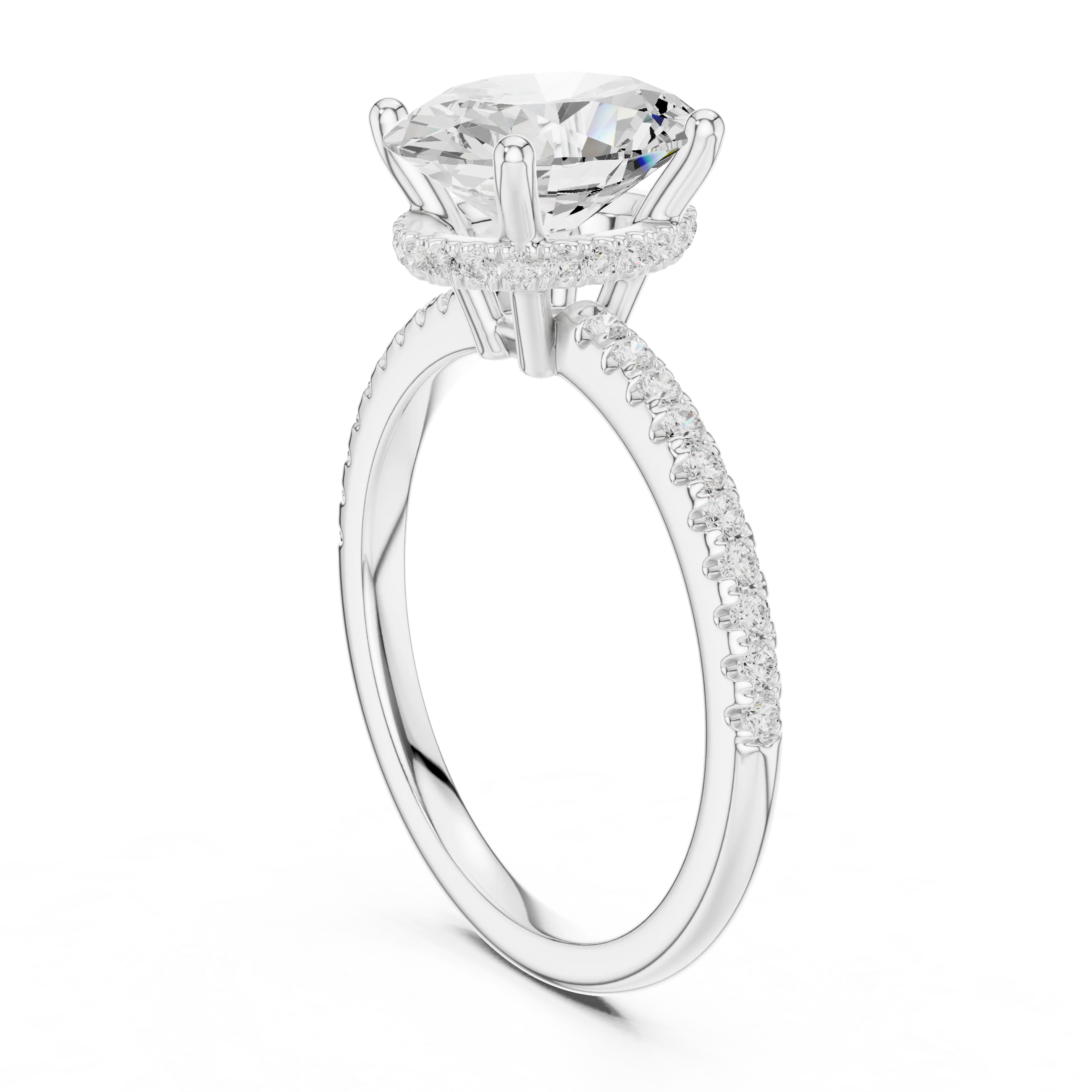 Hidden Halo Oval Cut Diamond Engagement Ring With Pave Band