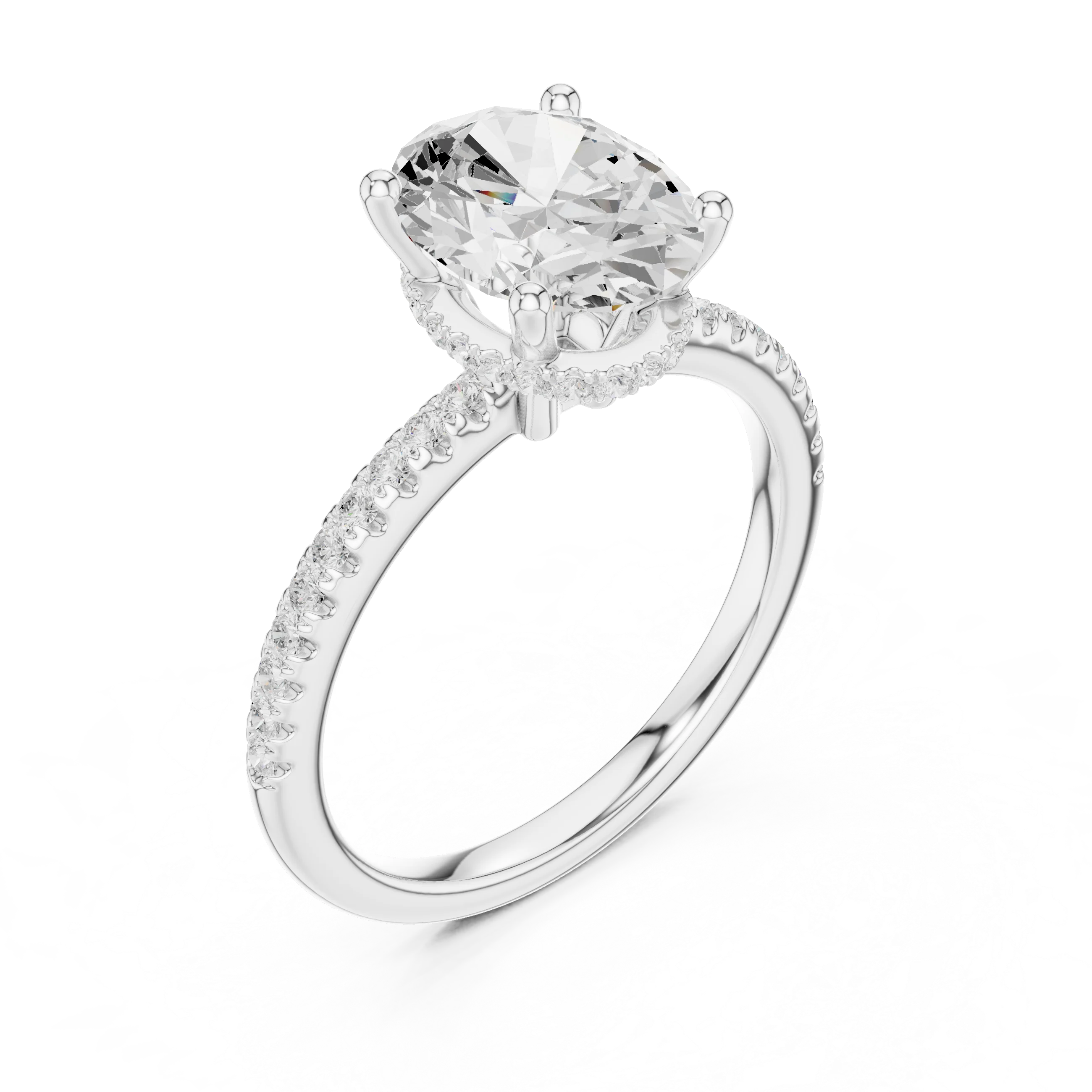 Hidden Halo Oval Cut Diamond Engagement Ring With Pave Band