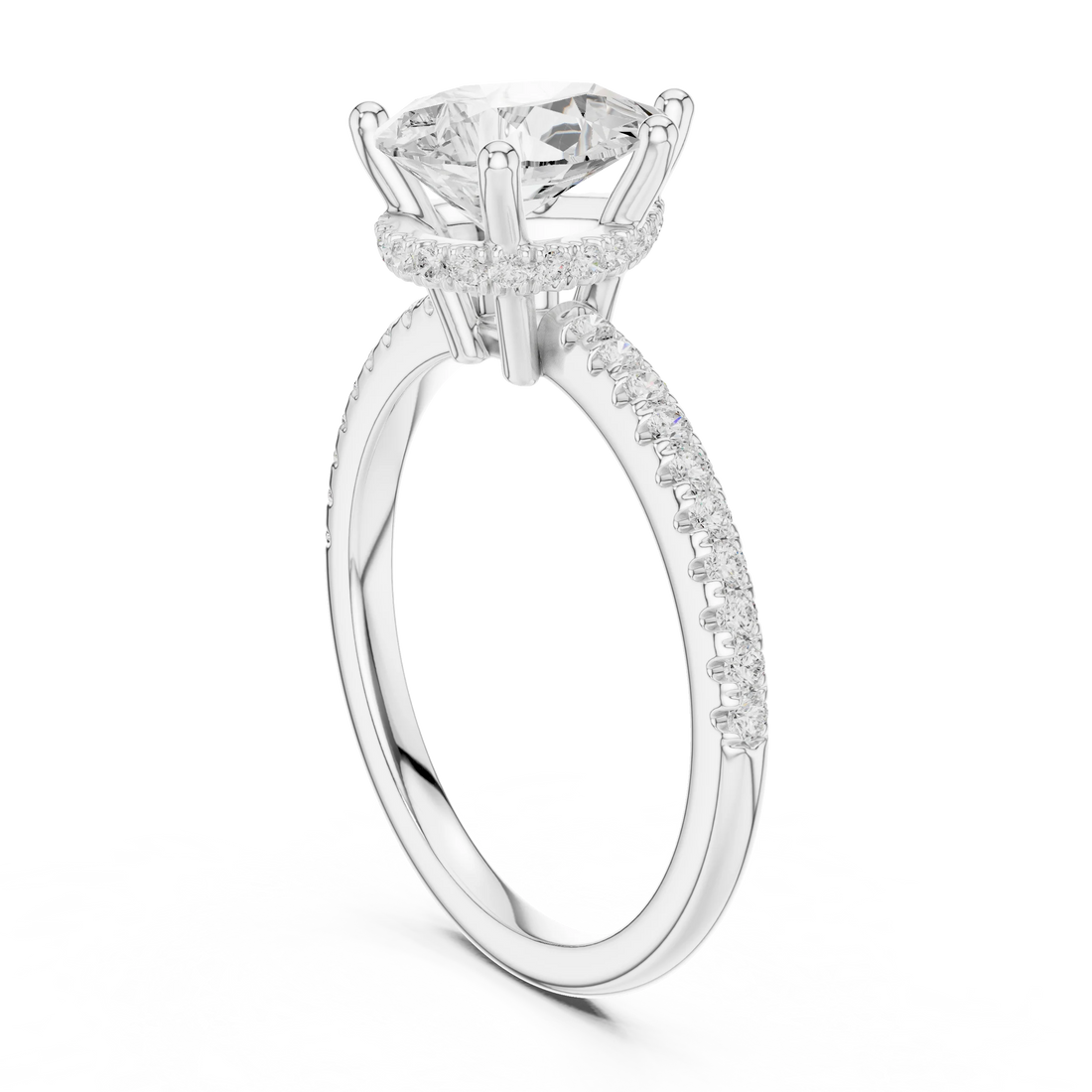 Hidden Halo Pear Cut Diamond Engagement Ring With Pave Band