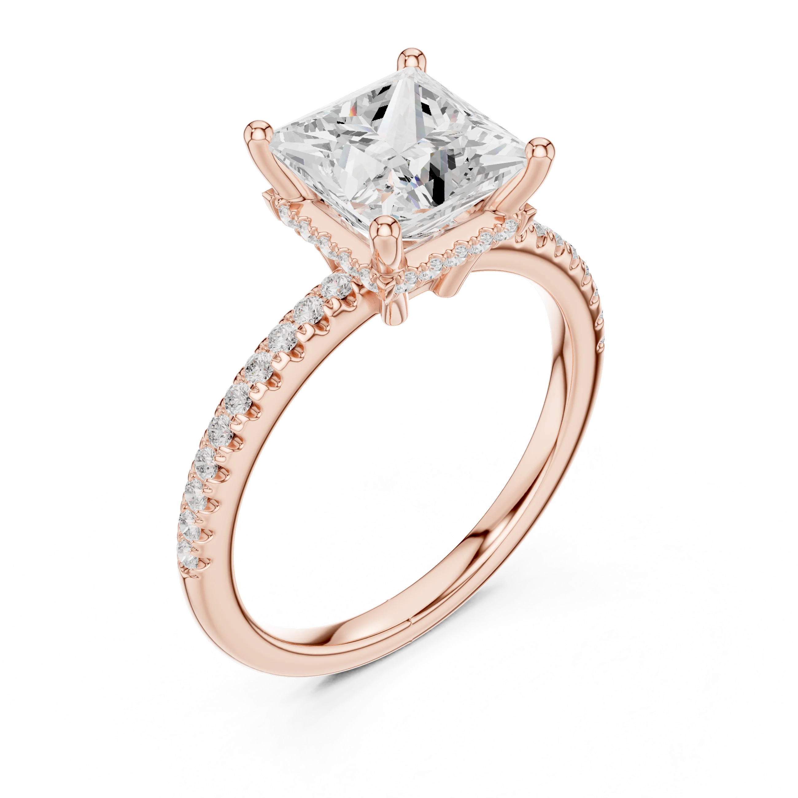 Hidden Halo Princess Cut Diamond Engagement Ring With Pave Band