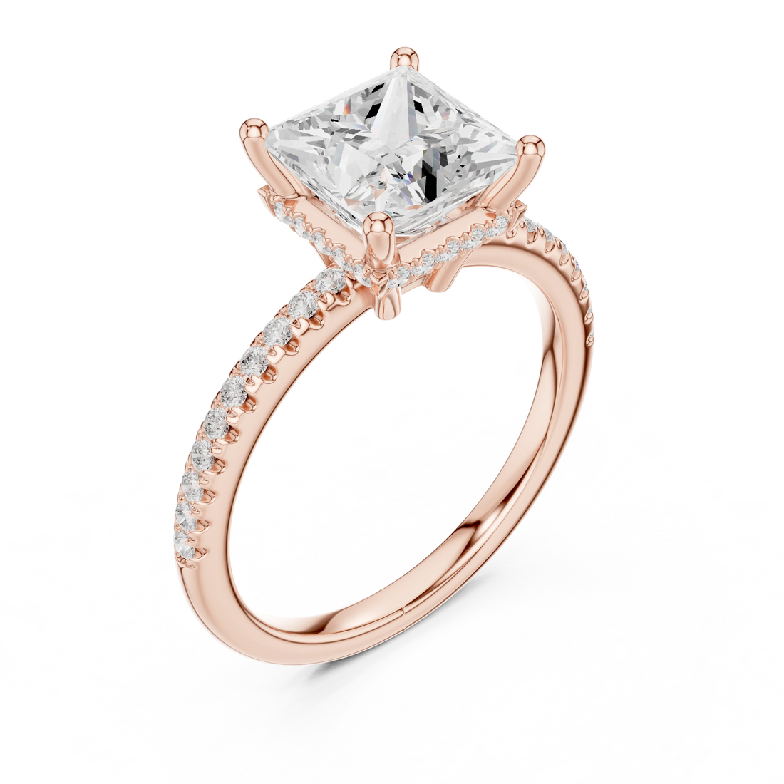 Hidden Halo Princess Cut Diamond Engagement Ring With Pave Band