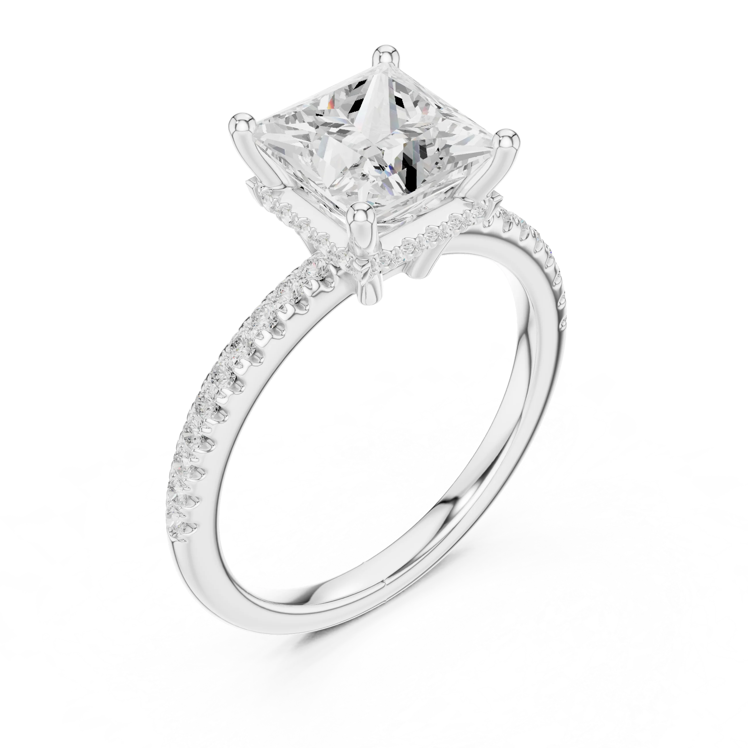 Hidden Halo Princess Cut Diamond Engagement Ring With Pave Band