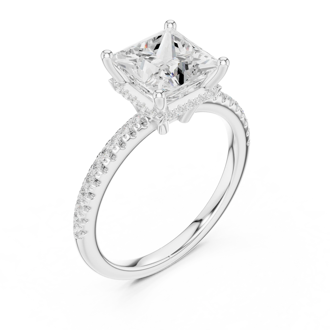 Hidden Halo Princess Cut Diamond Engagement Ring With Pave Band