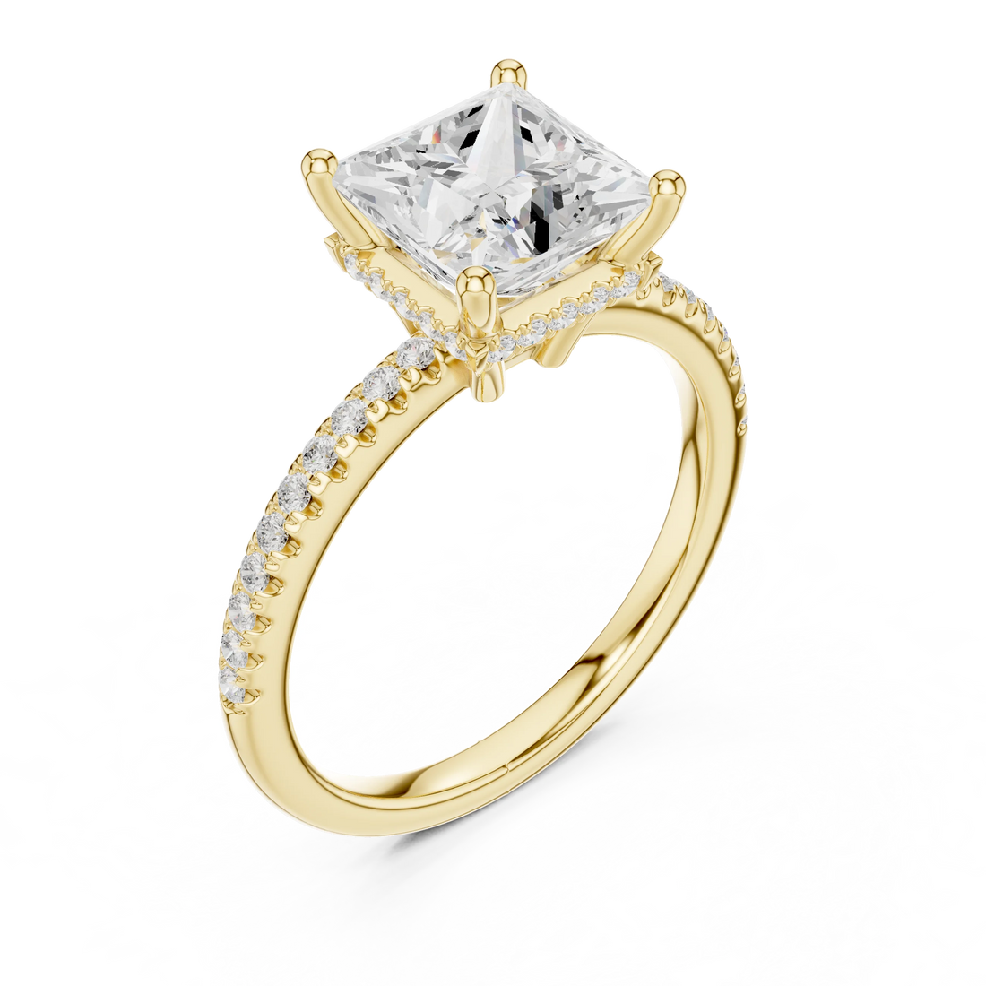 Hidden Halo Princess Cut Diamond Engagement Ring With Pave Band