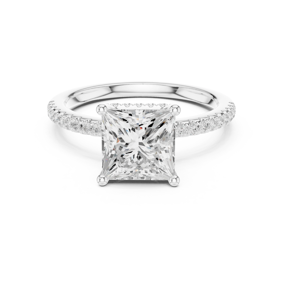 Hidden Halo Princess Cut Diamond Engagement Ring With Pave Band