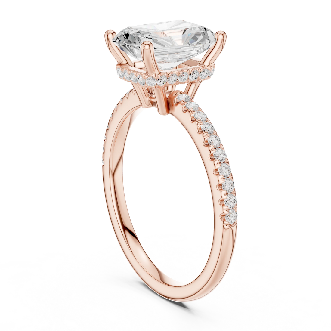 Hidden Halo Radiant Cut Diamond Engagement Ring With Pave Band