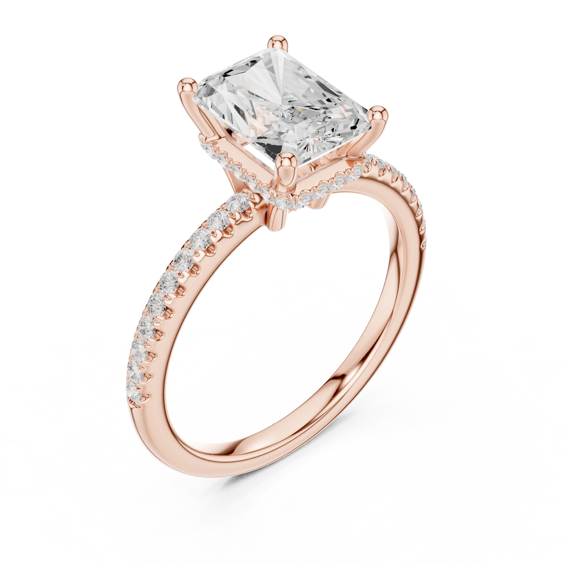 Hidden Halo Radiant Cut Diamond Engagement Ring With Pave Band