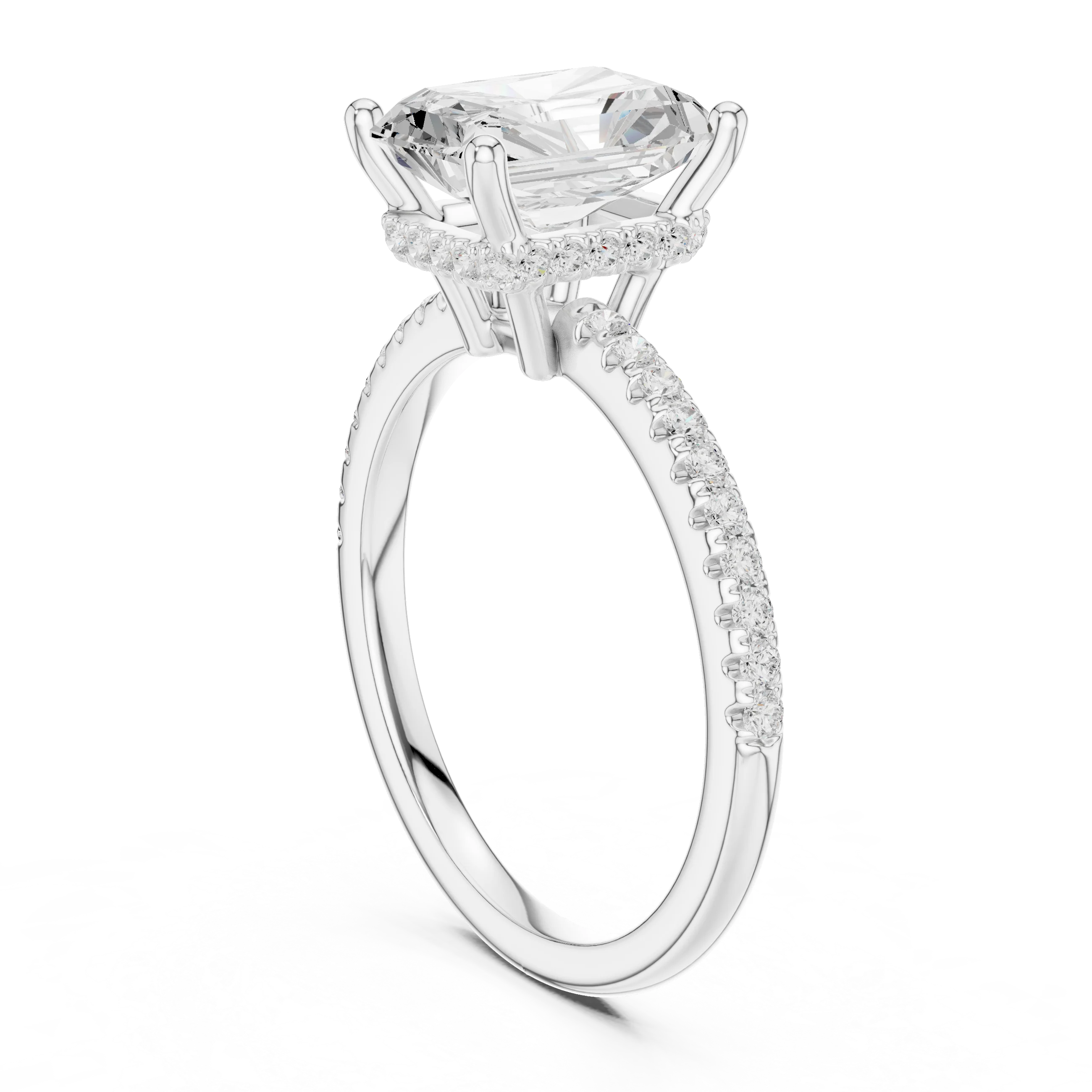 Hidden Halo Radiant Cut Diamond Engagement Ring With Pave Band