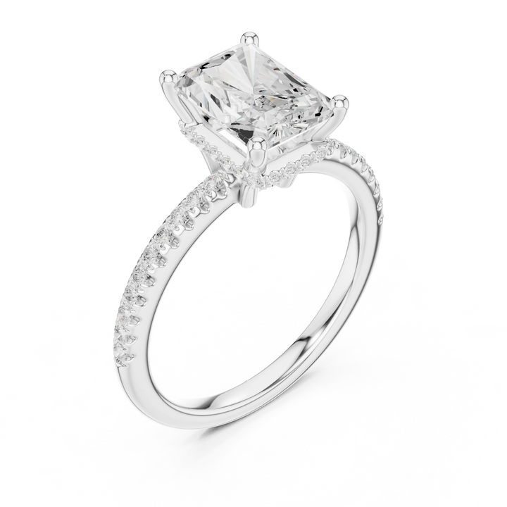 Hidden Halo Radiant Cut Diamond Engagement Ring With Pave Band