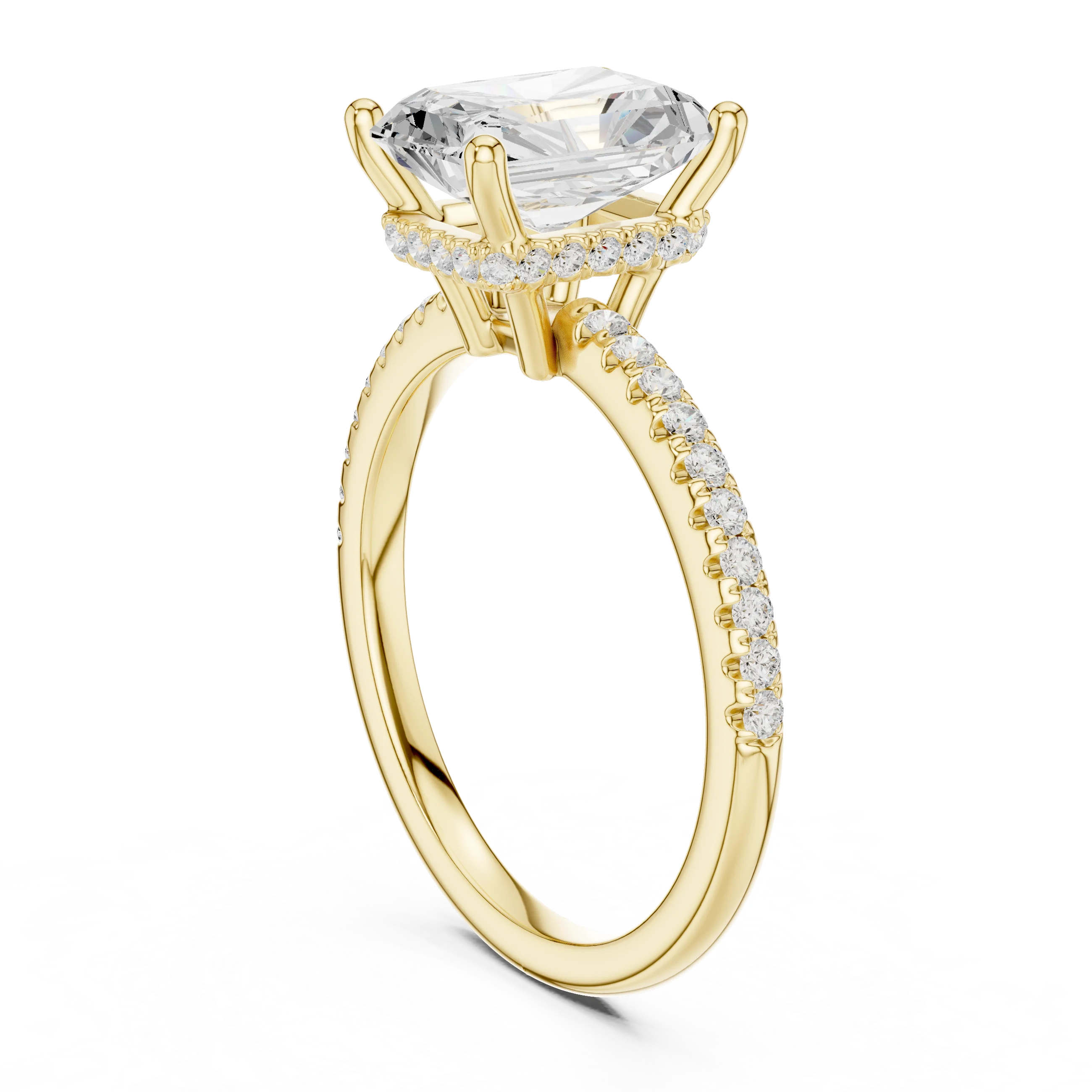 Hidden Halo Radiant Cut Diamond Engagement Ring With Pave Band