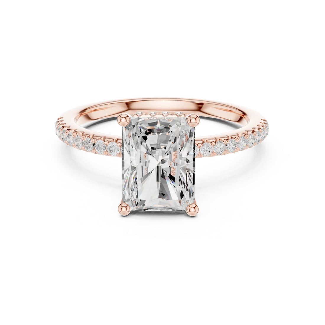 Hidden Halo Radiant Cut Diamond Engagement Ring With Pave Band