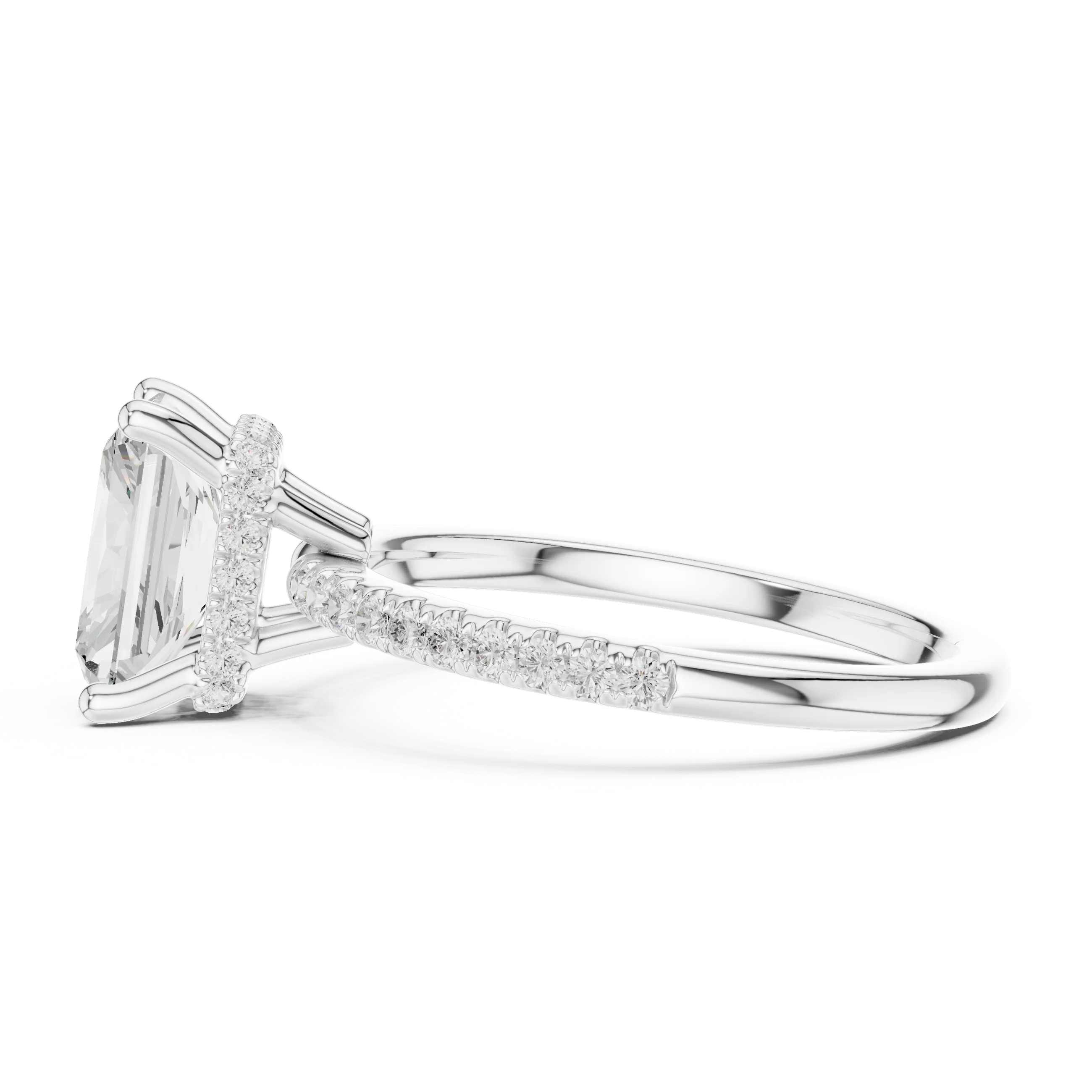 Hidden Halo Radiant Cut Diamond Engagement Ring With Pave Band