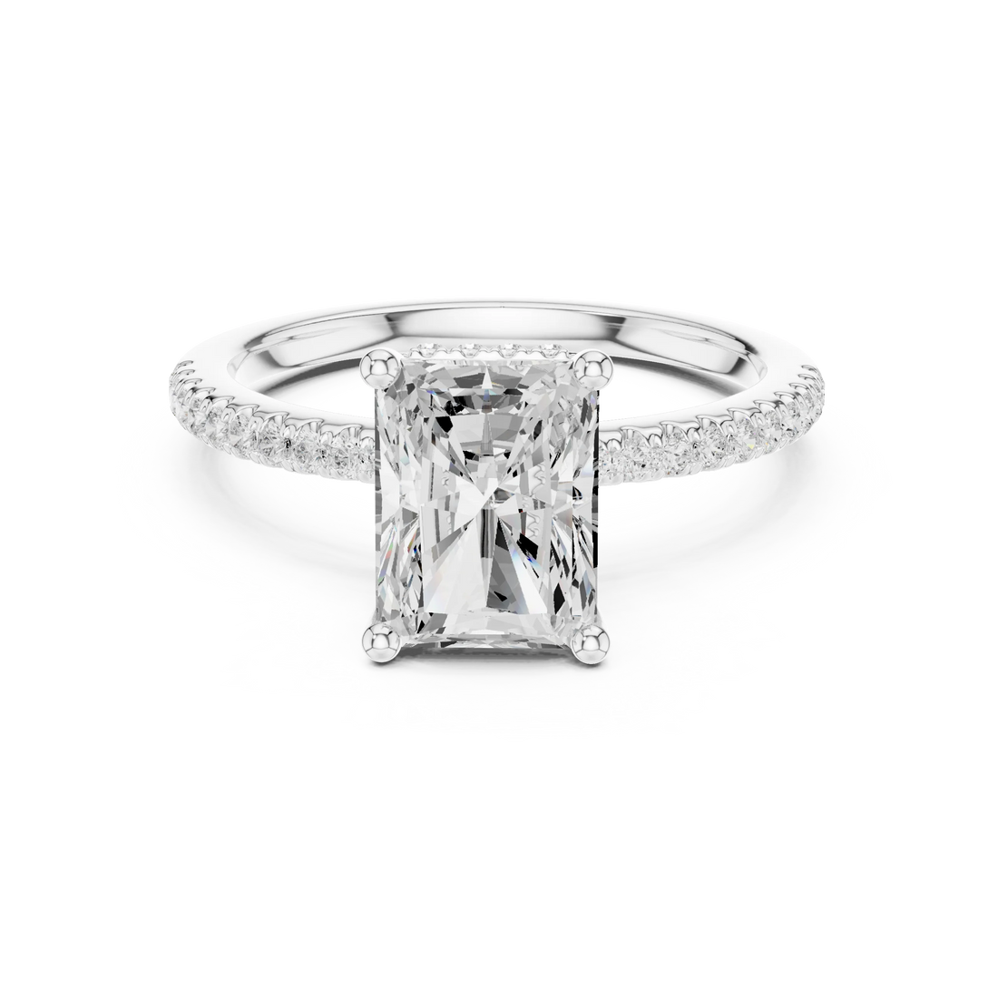 Hidden Halo Radiant Cut Diamond Engagement Ring With Pave Band