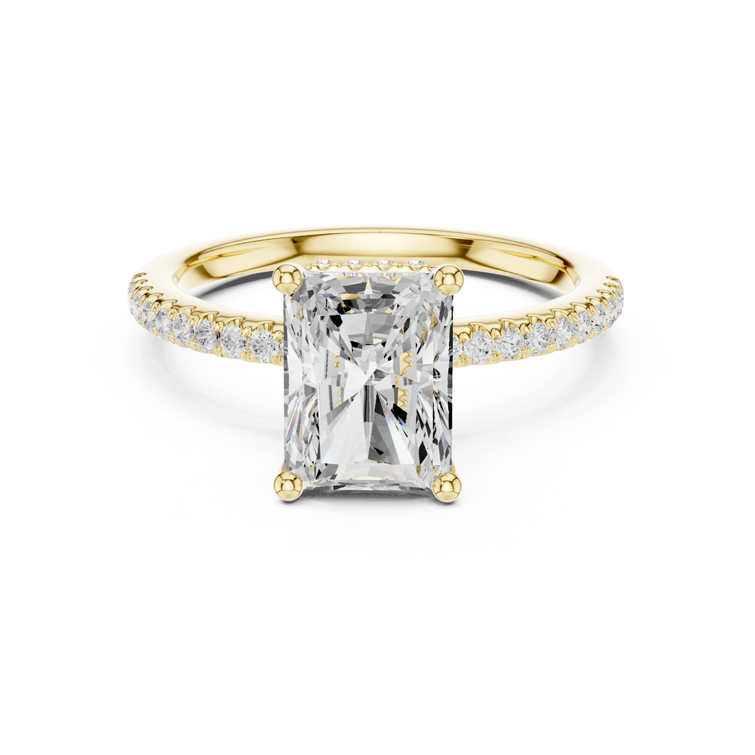 Hidden Halo Radiant Cut Diamond Engagement Ring With Pave Band