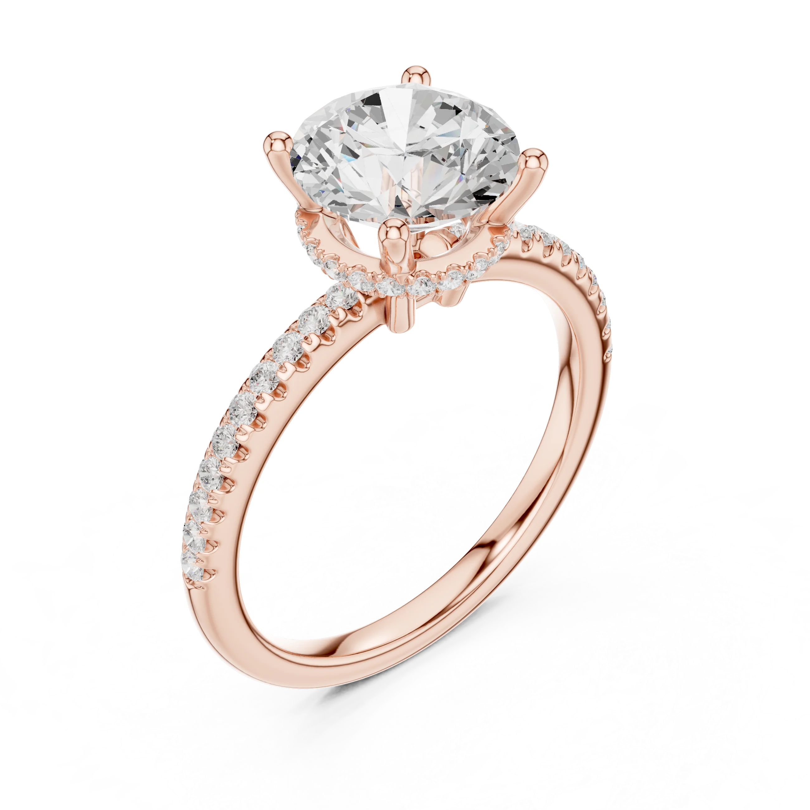 Hidden Halo Round Cut Diamond Engagement Ring With Pave Band