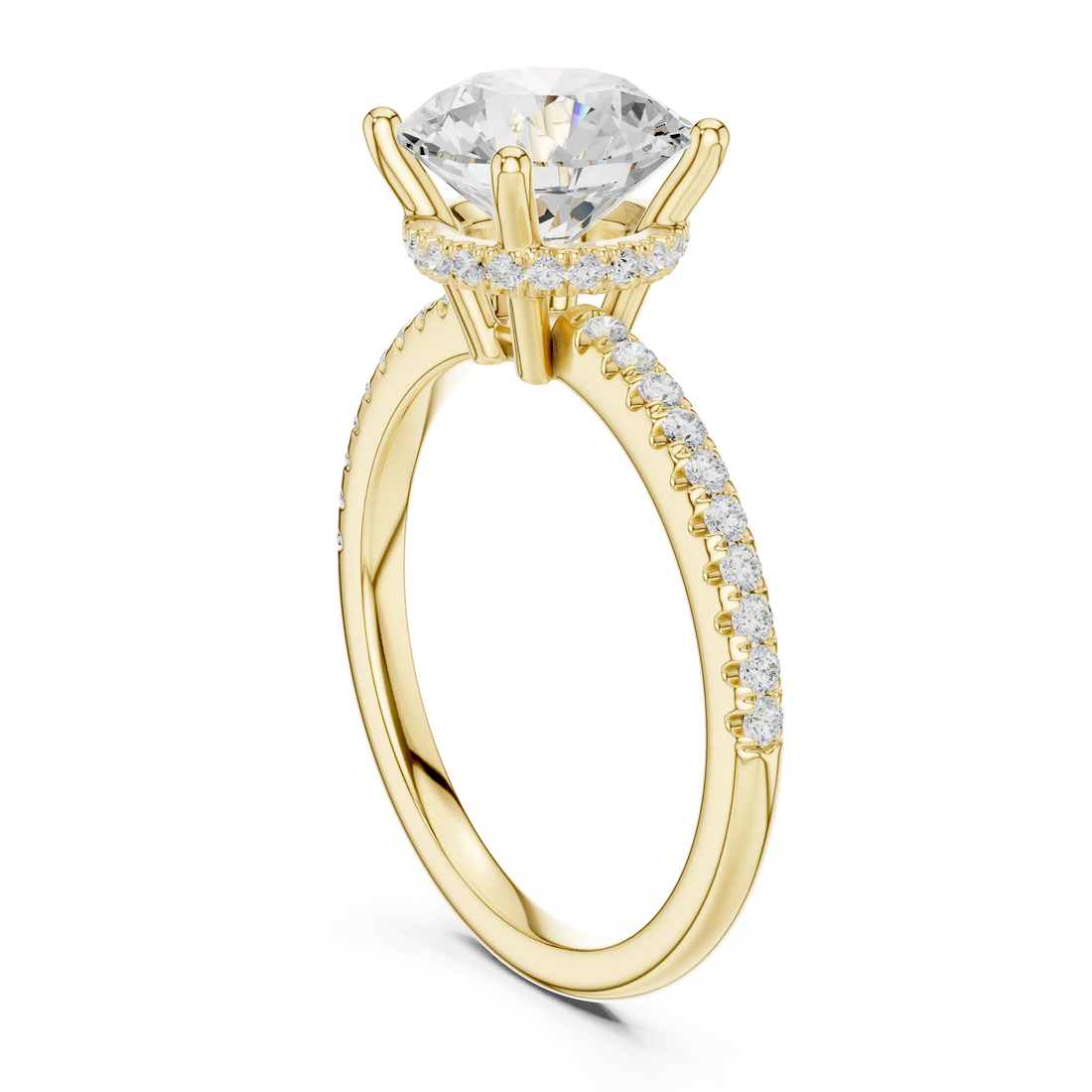 Hidden Halo Round Cut Diamond Engagement Ring With Pave Band