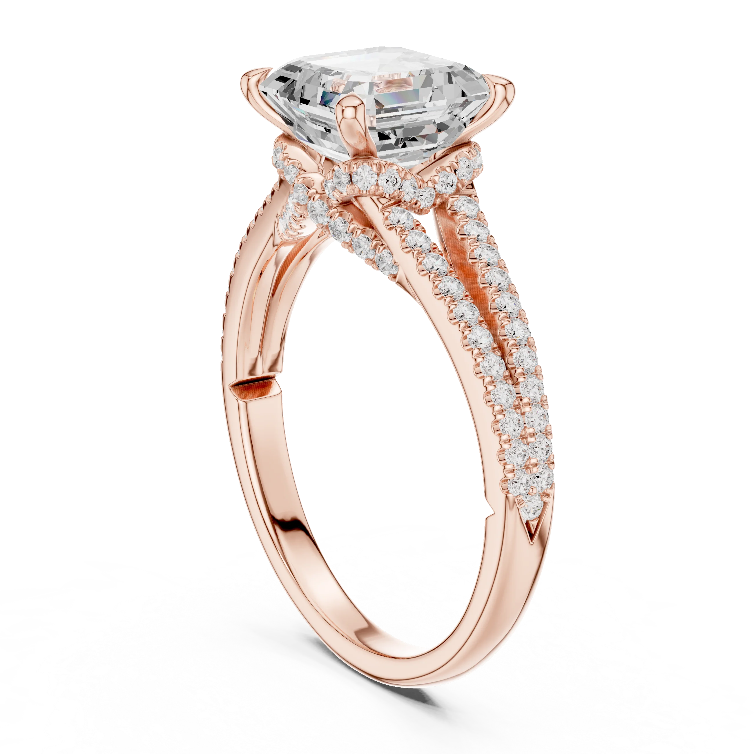 Asscher Cut Diamond Split Shank Engagement Ring with Pave Accents