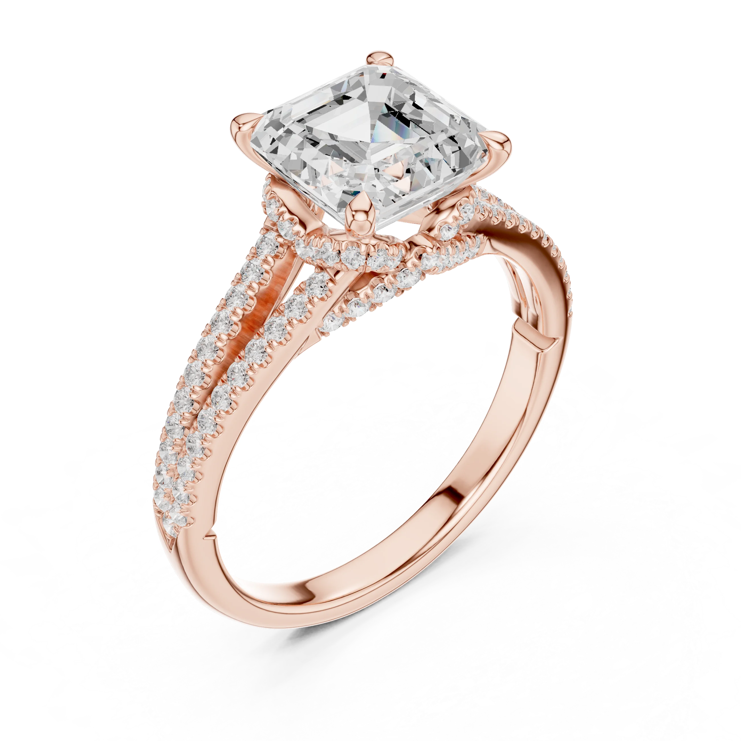 Asscher Cut Diamond Split Shank Engagement Ring with Pave Accents
