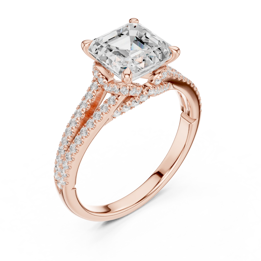 Asscher Cut Diamond Split Shank Engagement Ring with Pave Accents