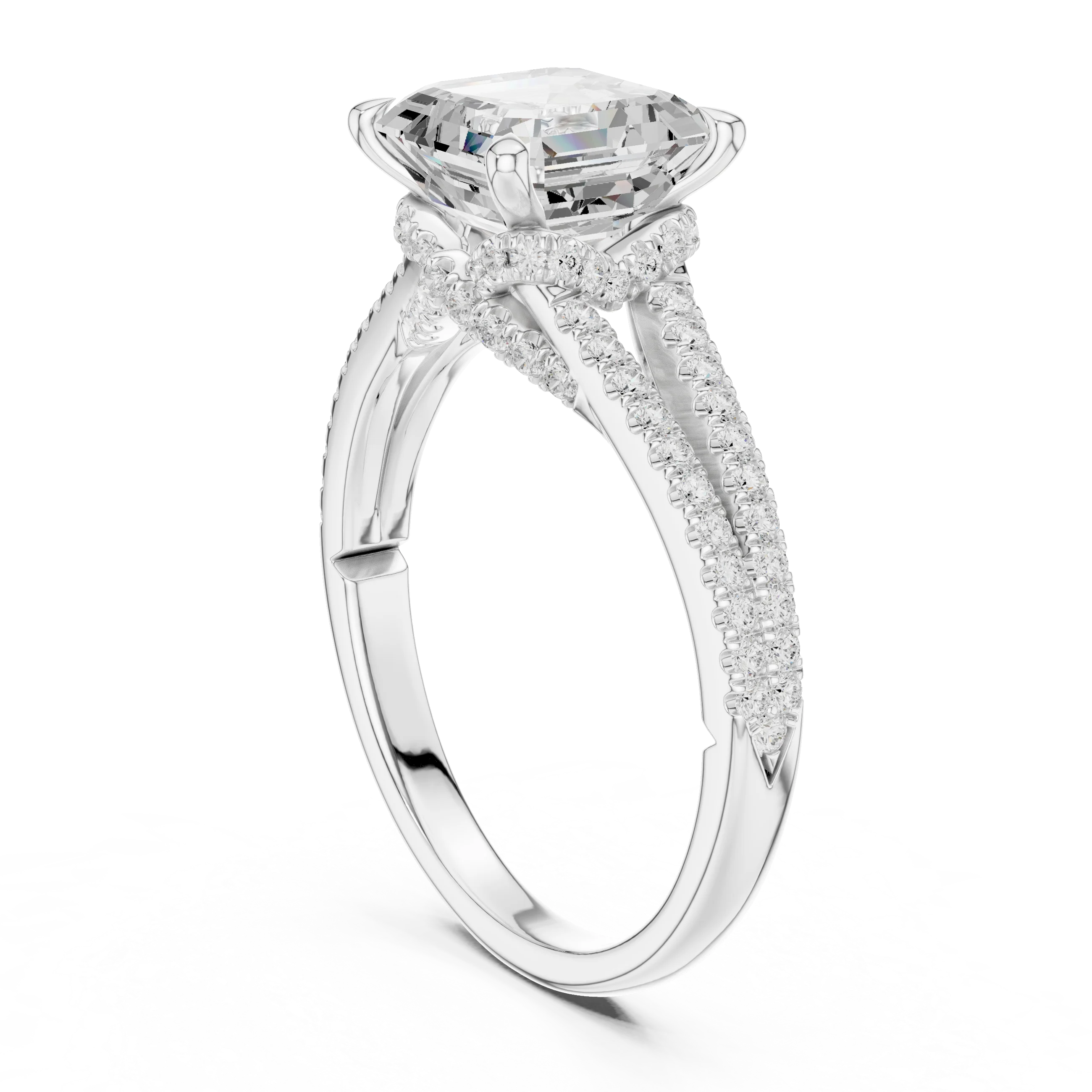 Asscher Cut Diamond Split Shank Engagement Ring with Pave Accents