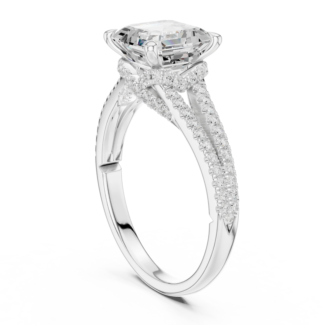 Asscher Cut Diamond Split Shank Engagement Ring with Pave Accents