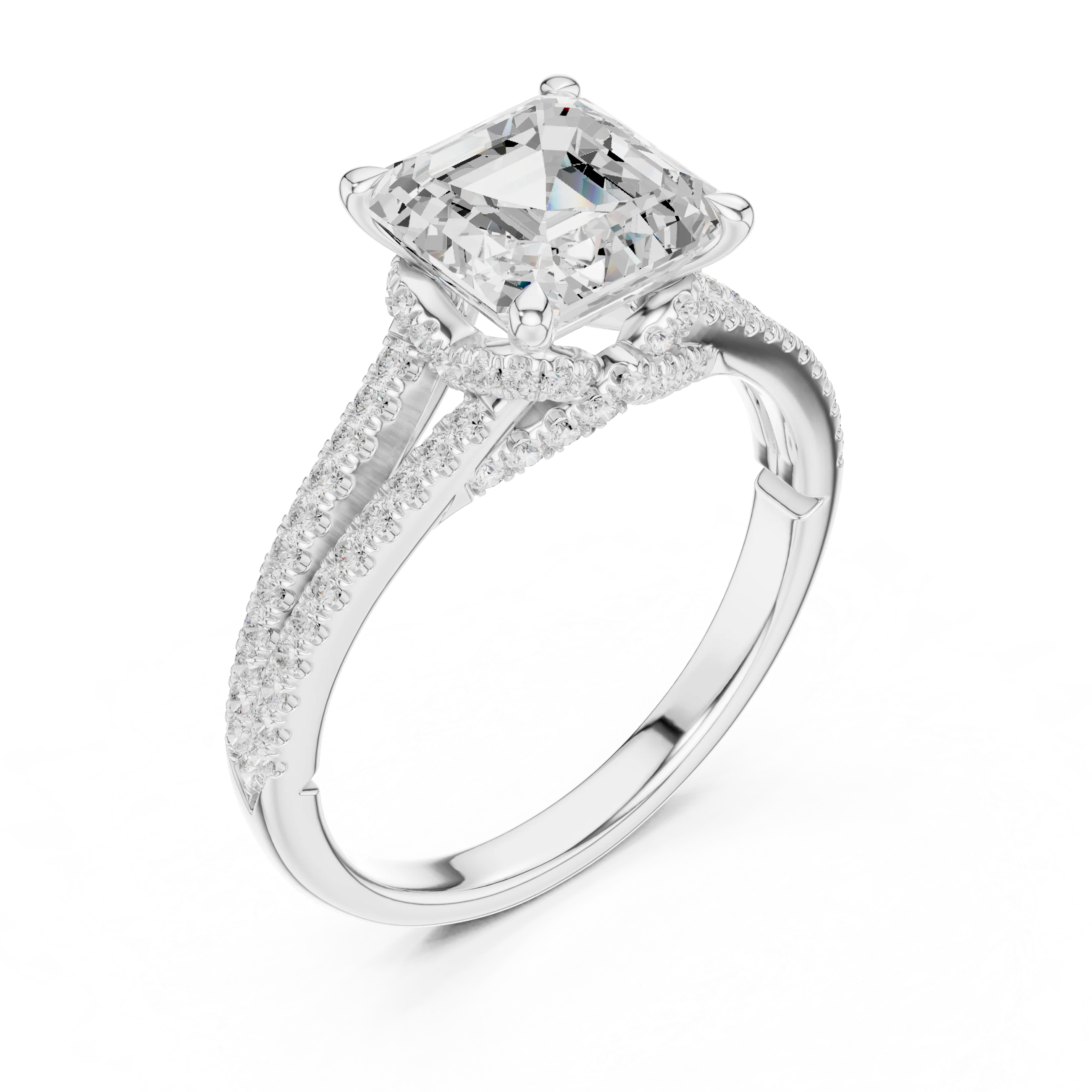 Asscher Cut Diamond Split Shank Engagement Ring with Pave Accents