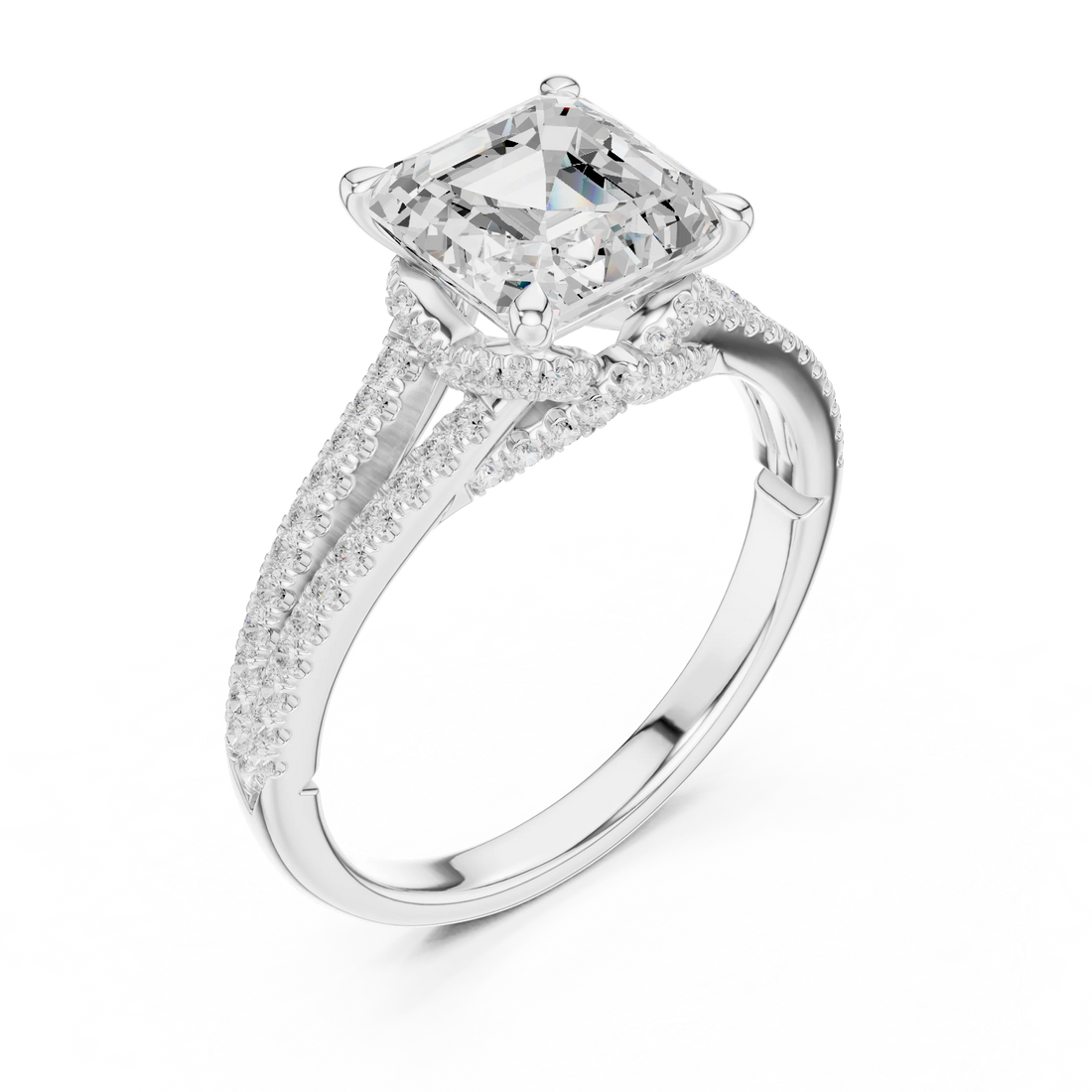 Asscher Cut Diamond Split Shank Engagement Ring with Pave Accents