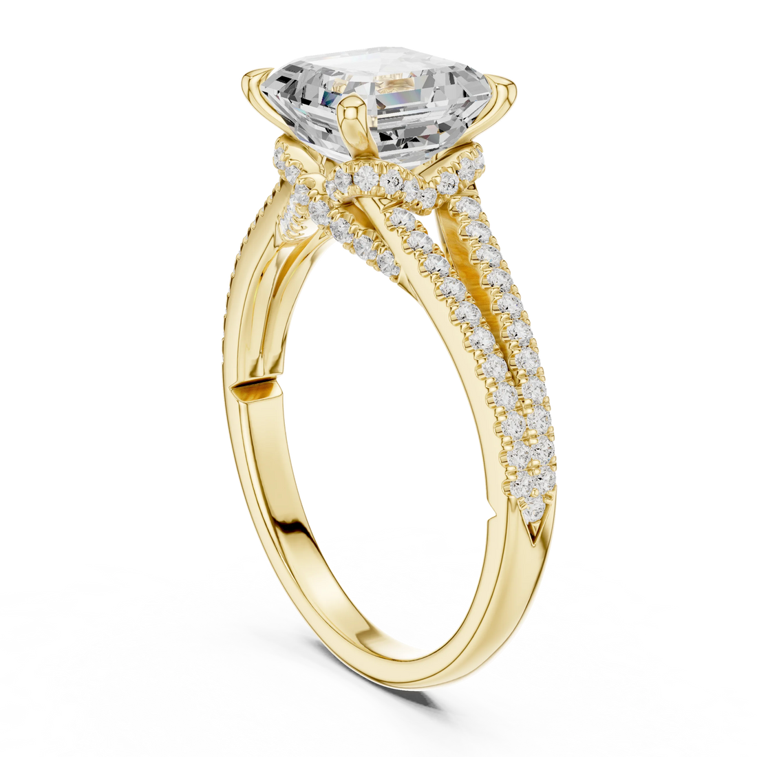 Asscher Cut Diamond Split Shank Engagement Ring with Pave Accents