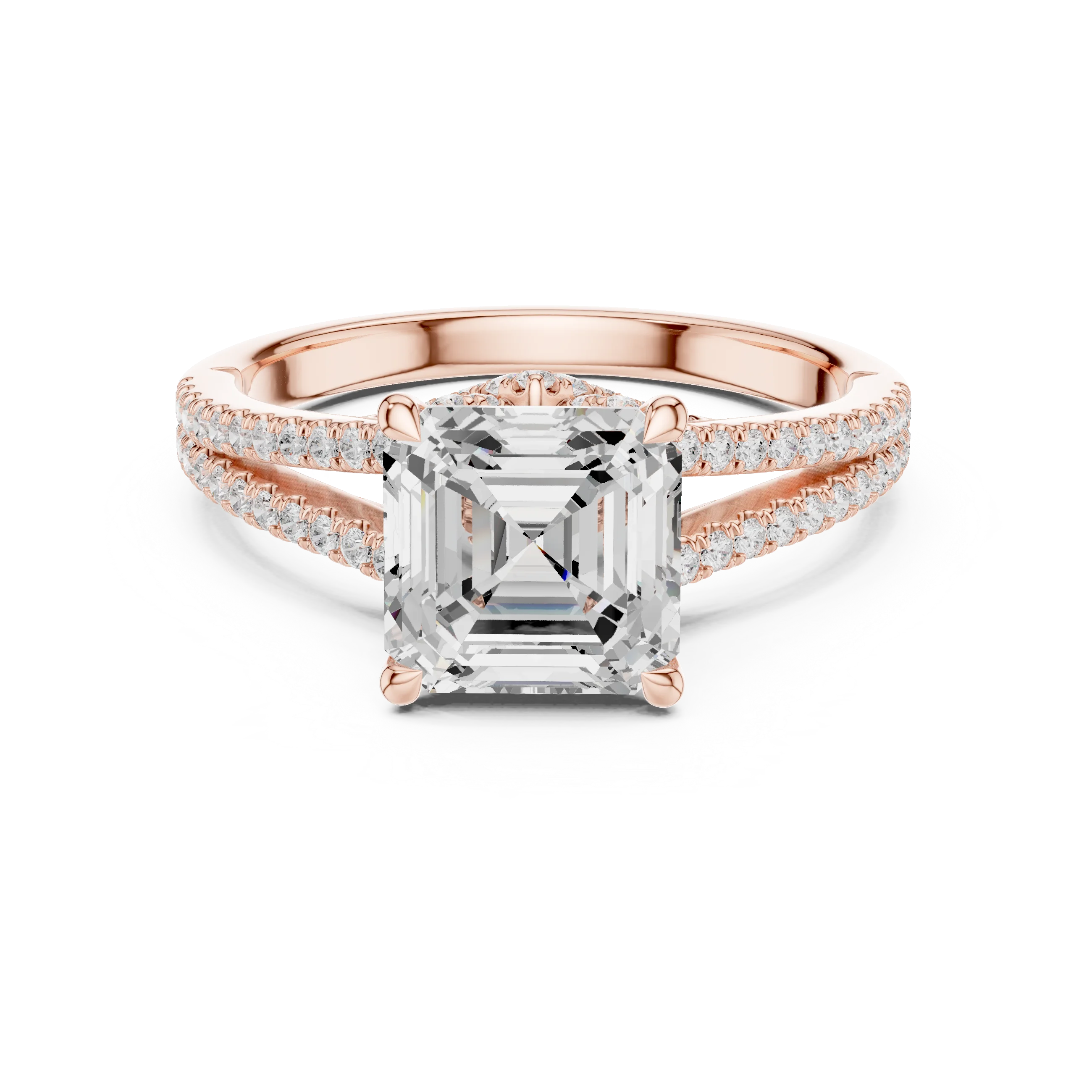 Asscher Cut Diamond Split Shank Engagement Ring with Pave Accents