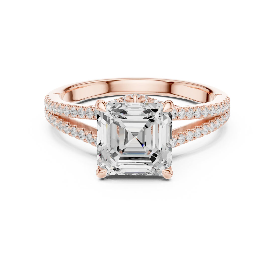Asscher Cut Diamond Split Shank Engagement Ring with Pave Accents