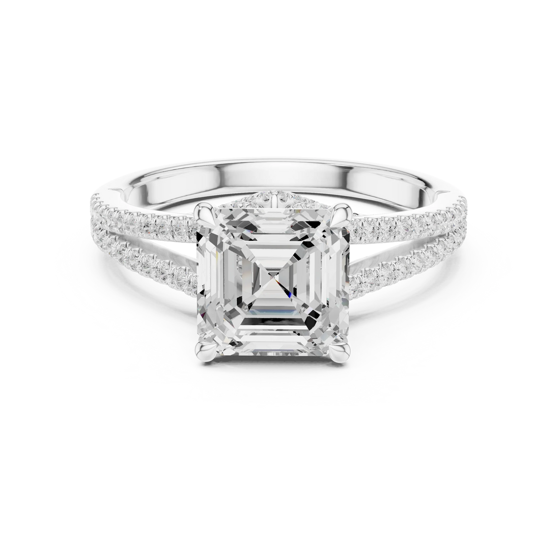 Asscher Cut Diamond Split Shank Engagement Ring with Pave Accents