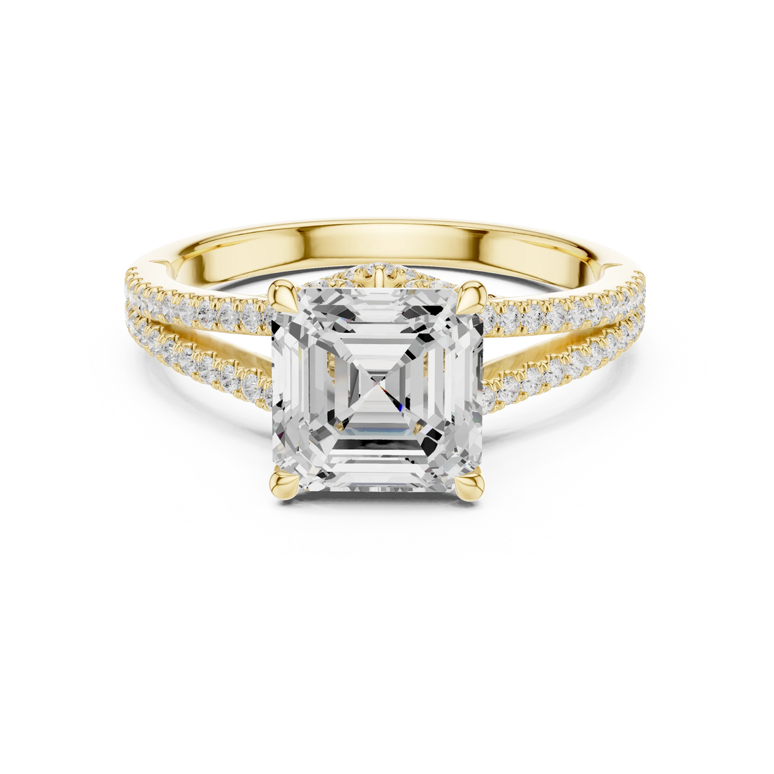 Asscher Cut Diamond Split Shank Engagement Ring with Pave Accents