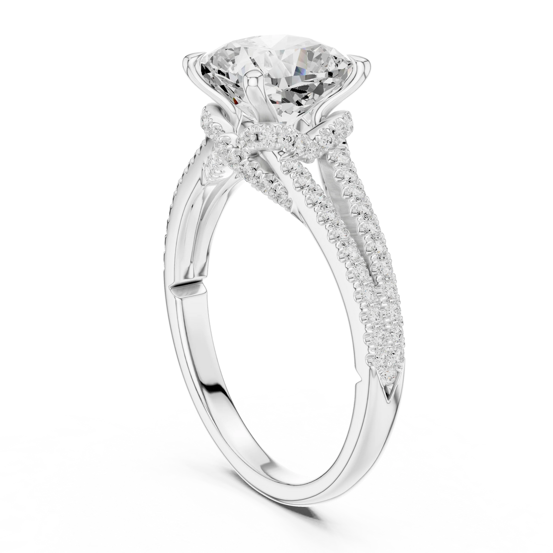 Cushion Cut Diamond Split Shank Engagement Ring with Pave Accents