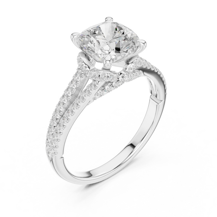 Cushion Cut Diamond Split Shank Engagement Ring with Pave Accents
