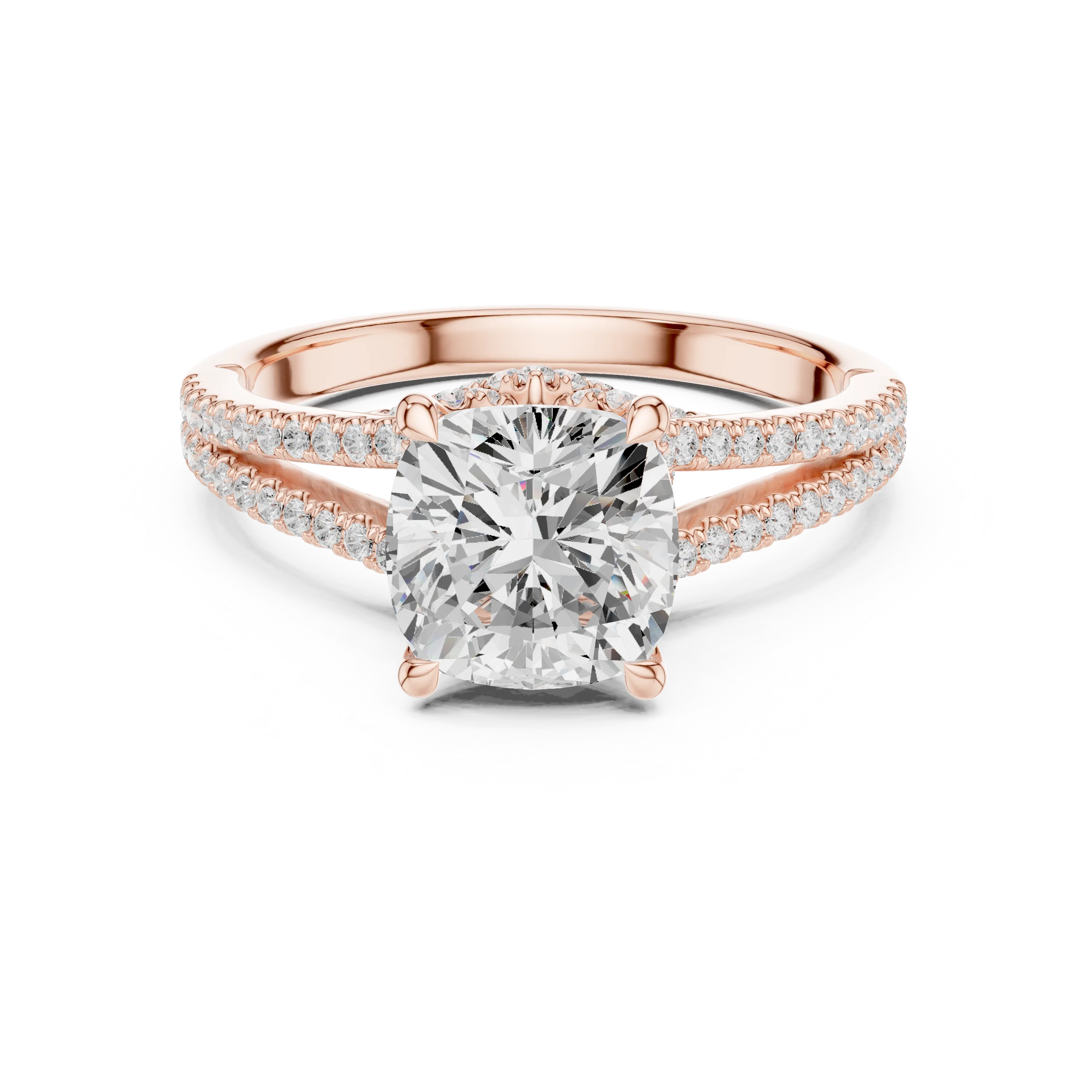 Cushion Cut Diamond Split Shank Engagement Ring with Pave Accents