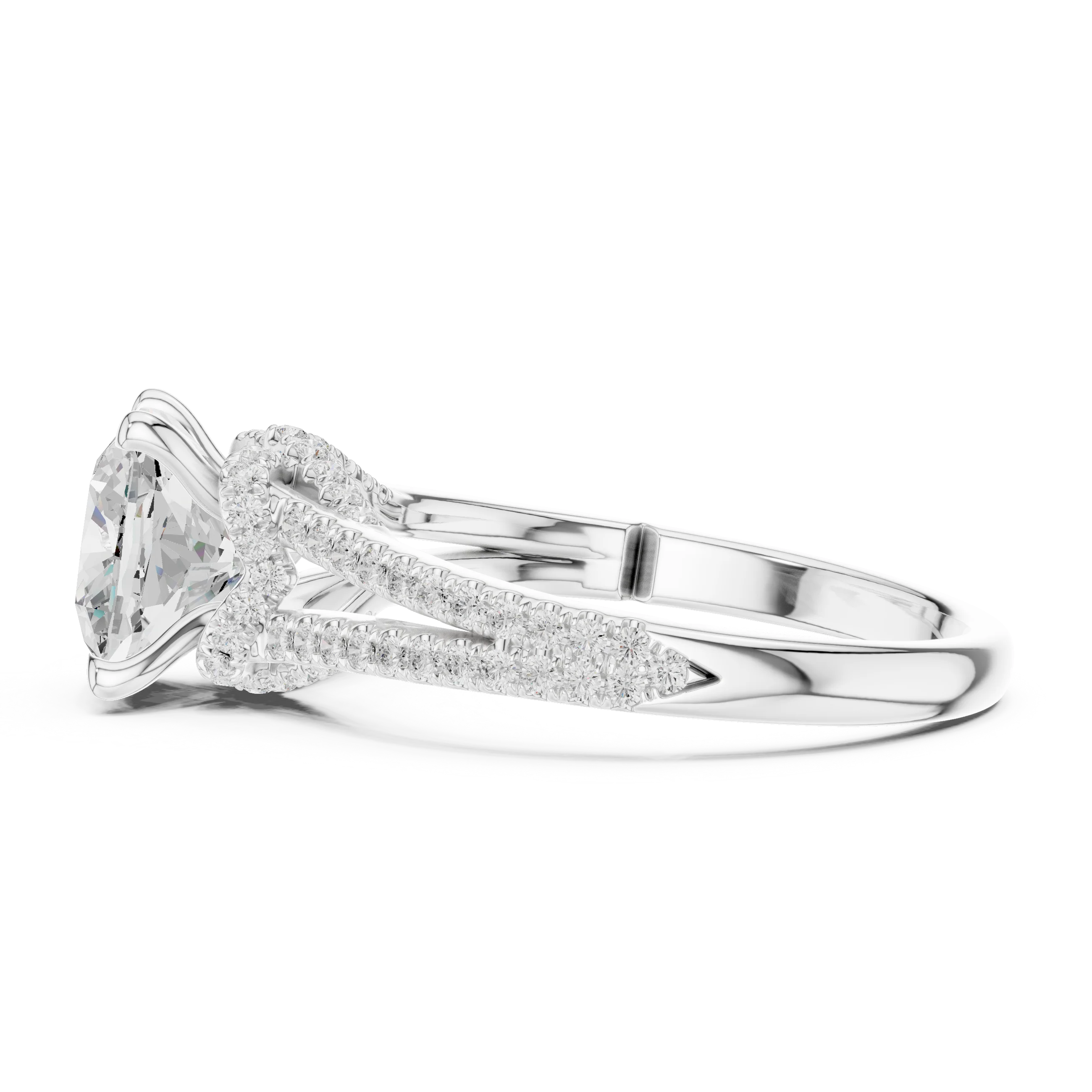 Cushion Cut Diamond Split Shank Engagement Ring with Pave Accents