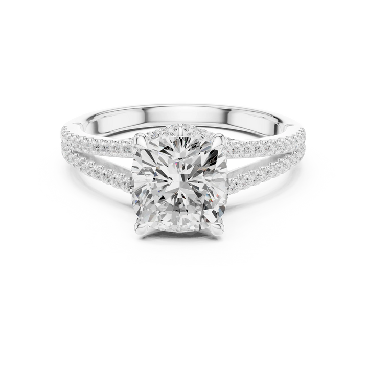Cushion Cut Diamond Split Shank Engagement Ring with Pave Accents