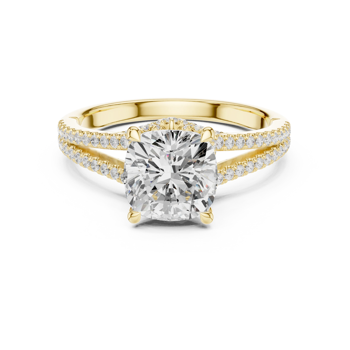 Cushion Cut Diamond Split Shank Engagement Ring with Pave Accents