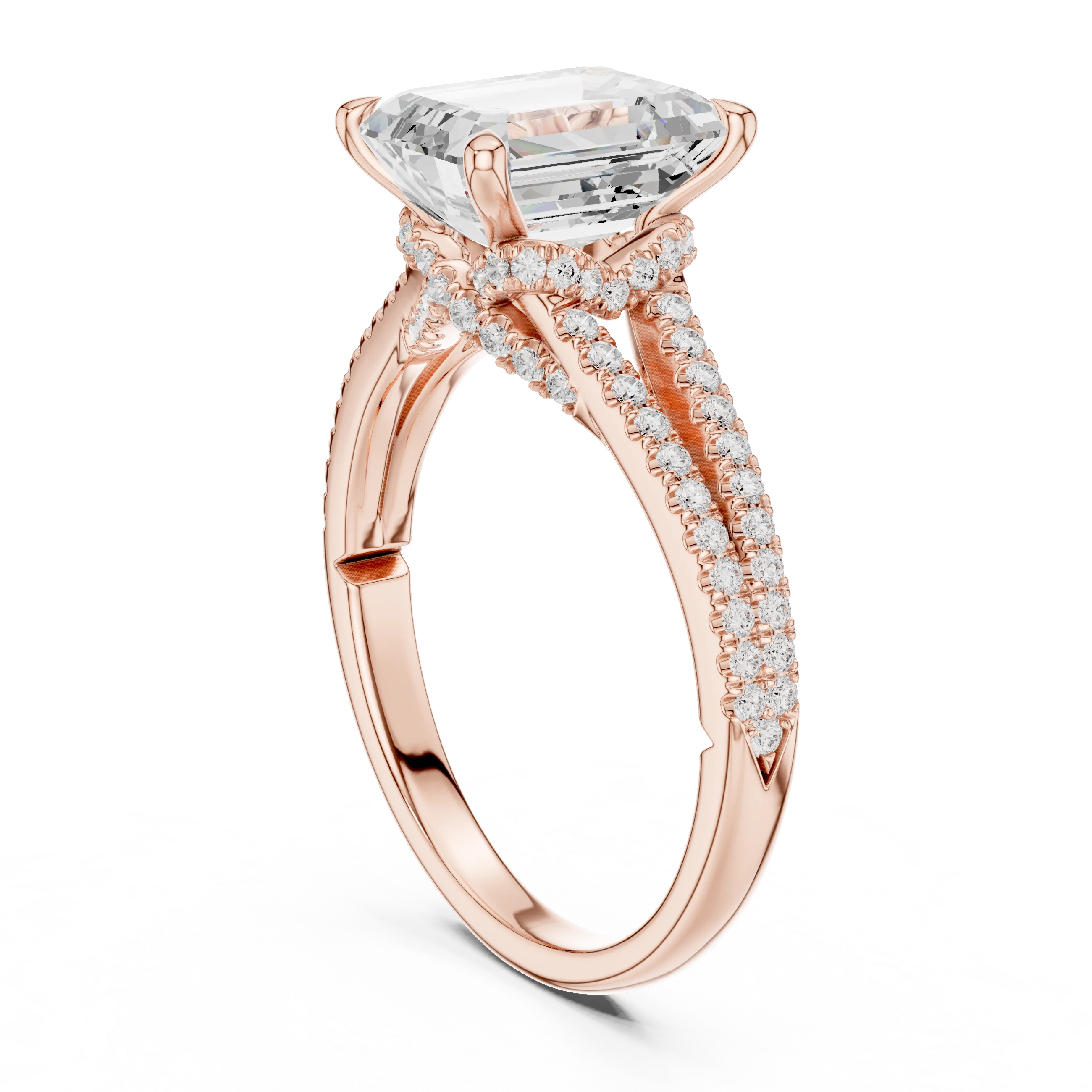 Emerald Cut Diamond Split Shank Engagement Ring with Pave Accents