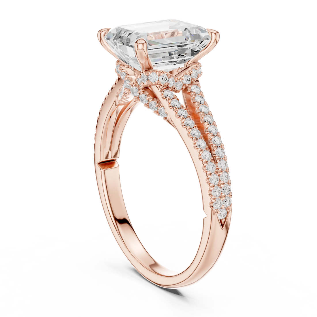 Emerald Cut Diamond Split Shank Engagement Ring with Pave Accents