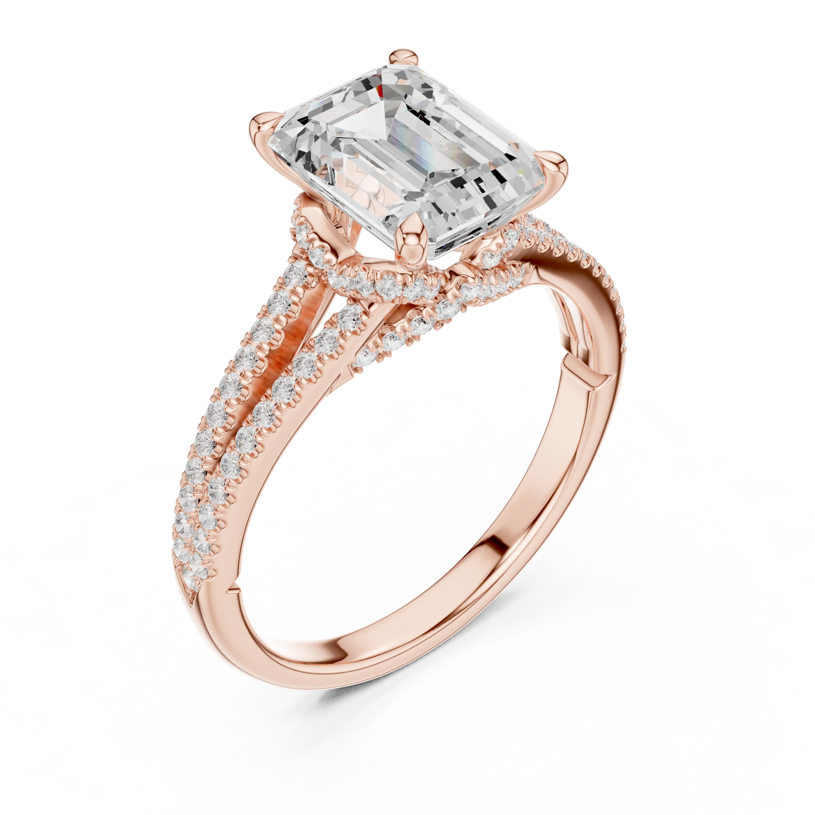Emerald Cut Diamond Split Shank Engagement Ring with Pave Accents