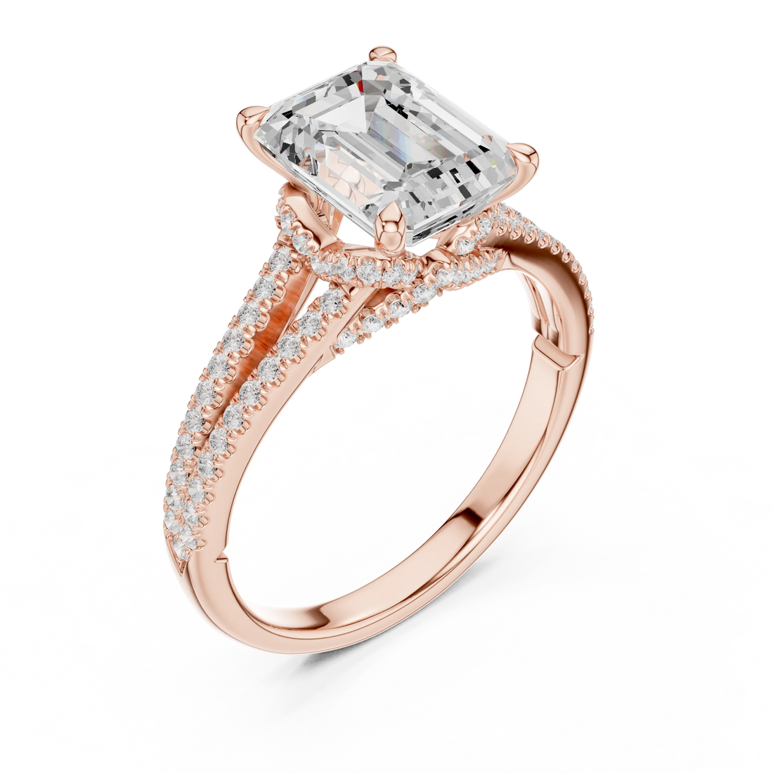 Emerald Cut Diamond Split Shank Engagement Ring with Pave Accents